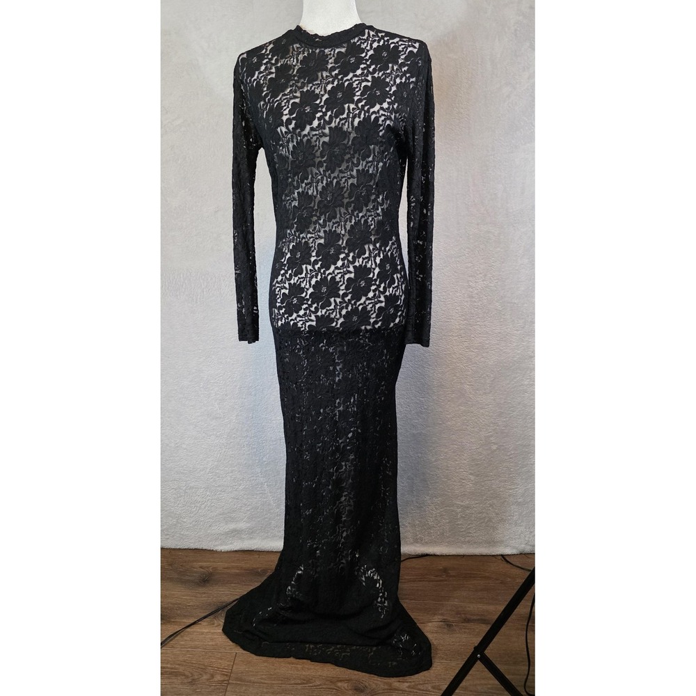 EUC Lace Maxi Dress Womens Black Sheer Open Back Goth Whimsigoth Witchy Romantic